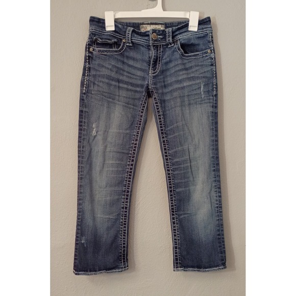 BKE Jeans Womens 29 Blue Culture Crop Capri Mid Rise Distressed Denim - Picture 1 of 10